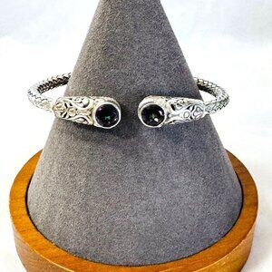 Sterling Silver 925 Mystic Topaz Hinged Bangle Bracelet Pierced Scroll Design